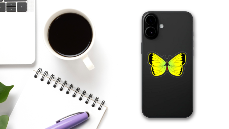 Yellow and Green Butterfly Sticker on a Phone (New) example