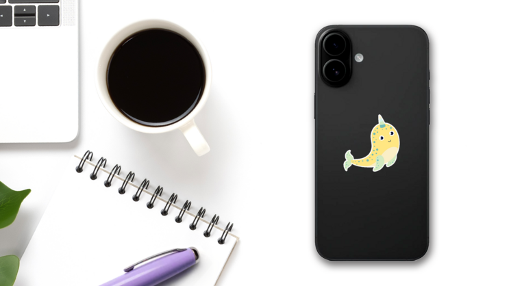 Yellow Cartoon Cute Narwhal Sticker on a Phone (New) example