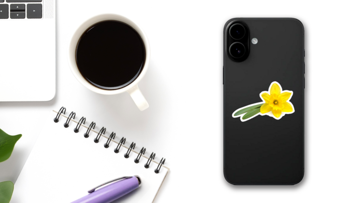 Yellow Daffodil Flower Flat Lay, Top View Sticker on a Phone (New) example