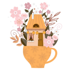 Yellow House in Cup with Flowers and Plants Sticker