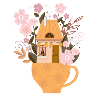 Yellow House in Cup with Flowers and Plants Sticker