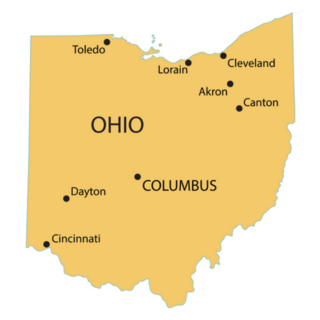 Yellow Map Of Ohio With Largest Cities Labeled Sticker