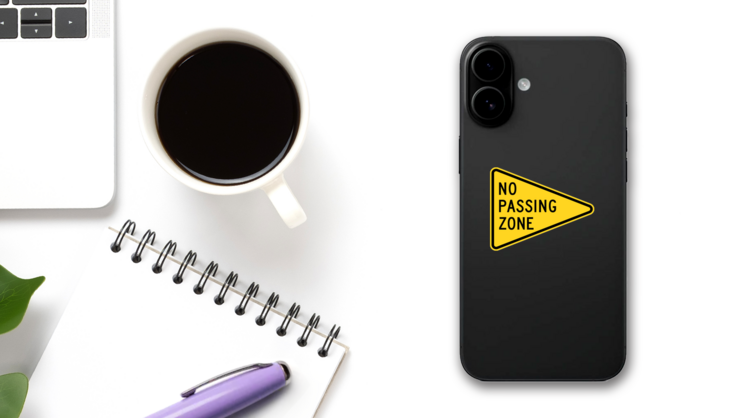 Yellow No Passing Zone Sticker on a Phone (New) example