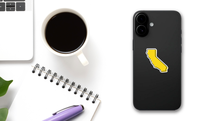 Yellow Outline Map Of California Sticker on a Phone (New) example