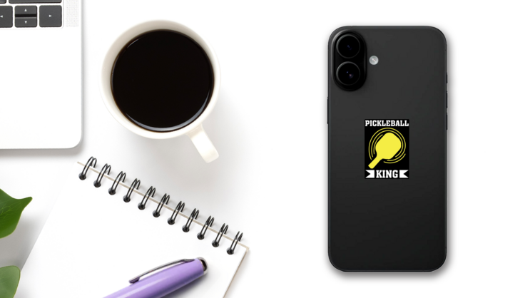 Yellow Pickleball King Sticker on a Phone (New) example