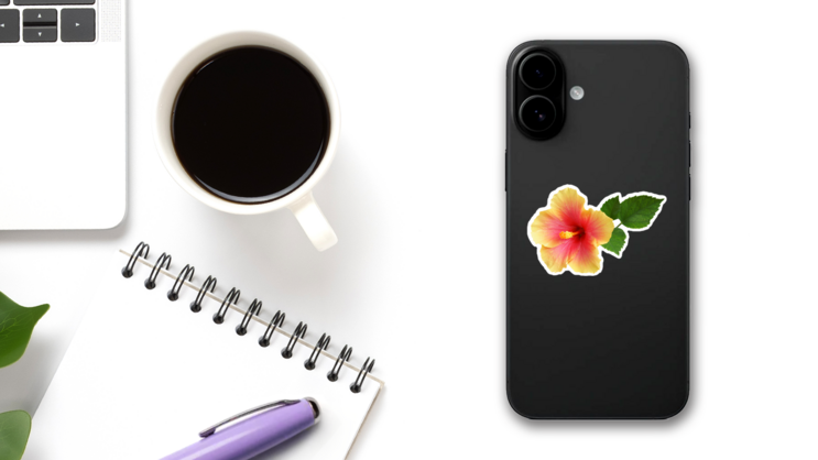Yellow-Pink Hibiscus Sticker on a Phone (New) example