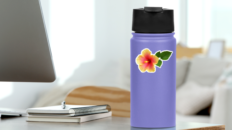 Yellow-Pink Hibiscus Sticker on a Water Bottle (New) example