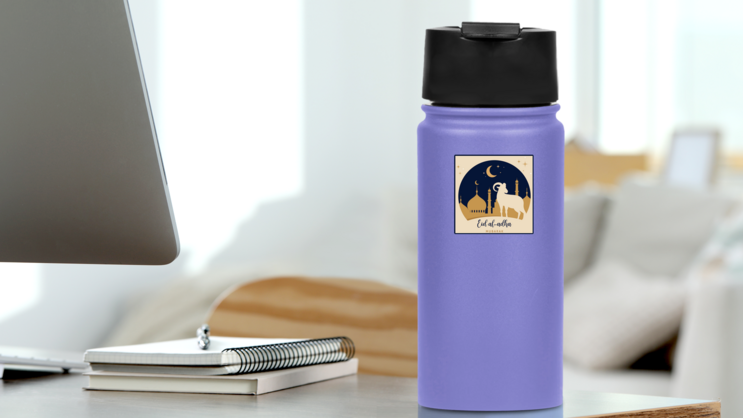 Yellow Ram Moon Sticker on a Water Bottle (New) example