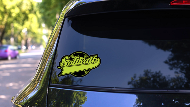 Yellow Softball Design With Ribbon Sticker on a Rear Car Window (New) example