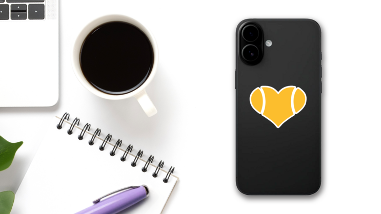 Yellow Tennis Ball Heart Sticker on a Phone (New) example