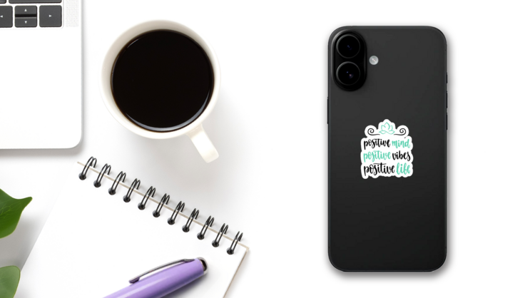 Yoga Phrase Positive Minds Sticker on a Phone (New) example