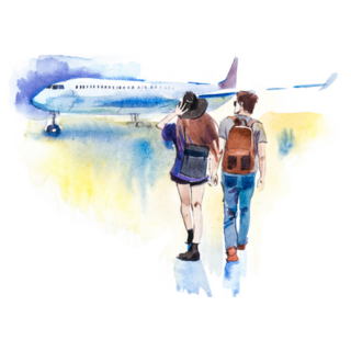 Young Couple Travelers Going To Airplane Sticker