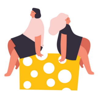 Young Man And Woman Holding Huge Cheese Sticker