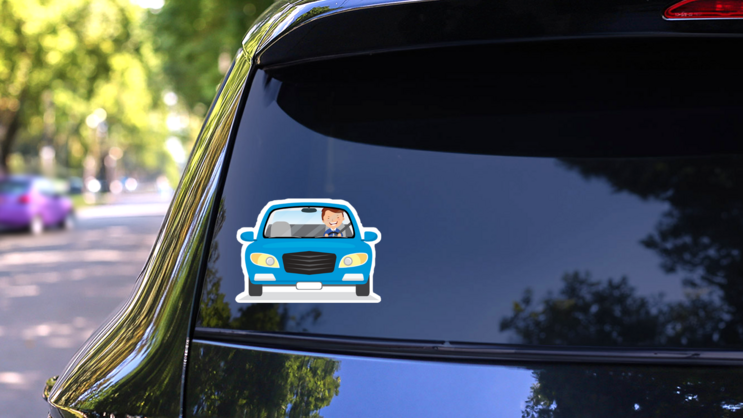 Young Man Driving Blue Car Sticker on a Rear Car Window (New) example