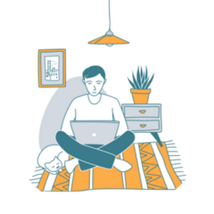 Young Man Sits On The Floor On The Carpet Working At Home Sticker