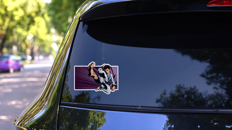 Young Martial Artist Performing A Flying Karate Kick Sticker on a Rear Car Window (New) example