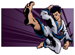 Young Martial Artist Performing A Flying Karate Kick Sticker