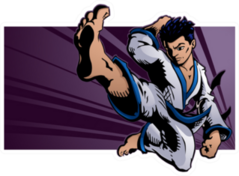 Young Martial Artist Performing A Flying Karate Kick Sticker