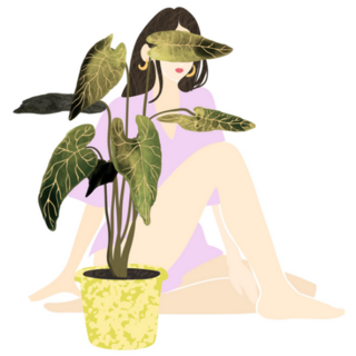 Young Summer Woman Sitting Behind Potted House Plant Sticker