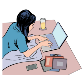 Young Woman Working At Home From Bed Sticker