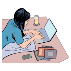 Young Woman Working At Home From Bed Sticker