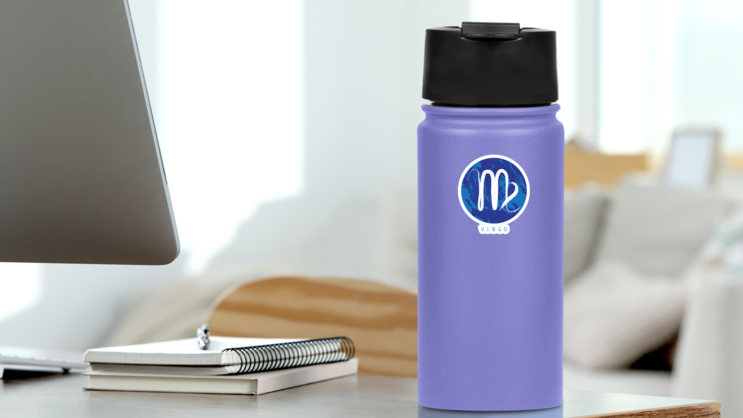 Zodiac Sign Virgo Blue Grunge Sticker on a Water Bottle (New) example