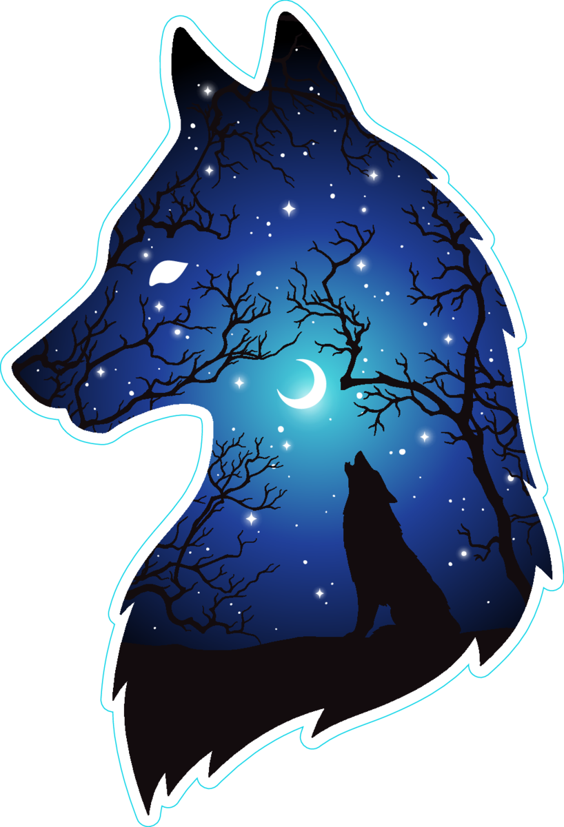Silhouette of Wolf Moon and Stars Double Exposure Sticker