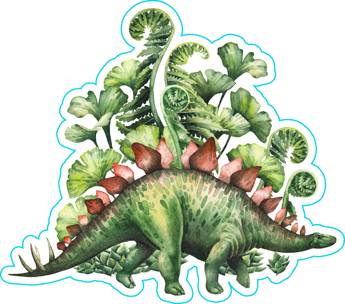 Watercolor Stegosaurus With Green Floral Decoration Sticker