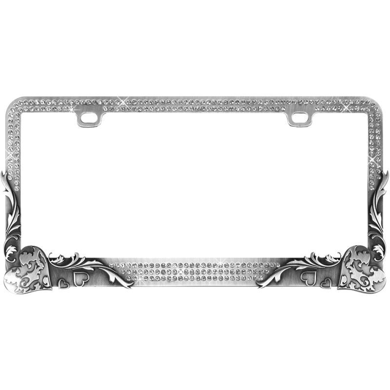 Vintage Heart Crystals on Stainless Gun Metal License Plate Frame