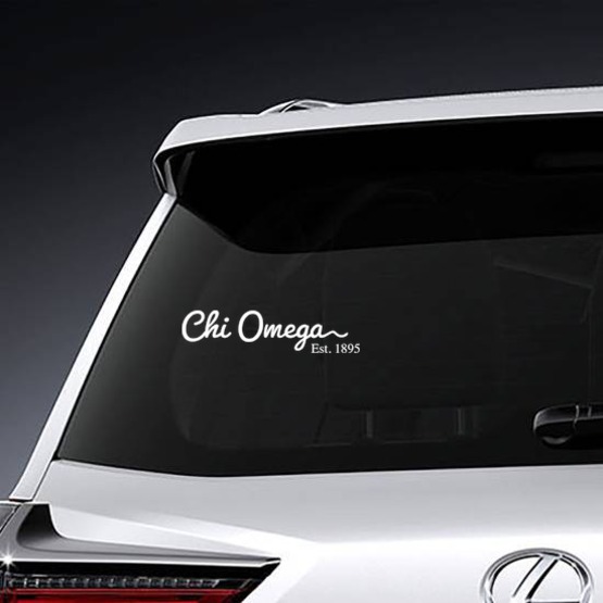 Chi Omega Script Sticker on a Car Window example