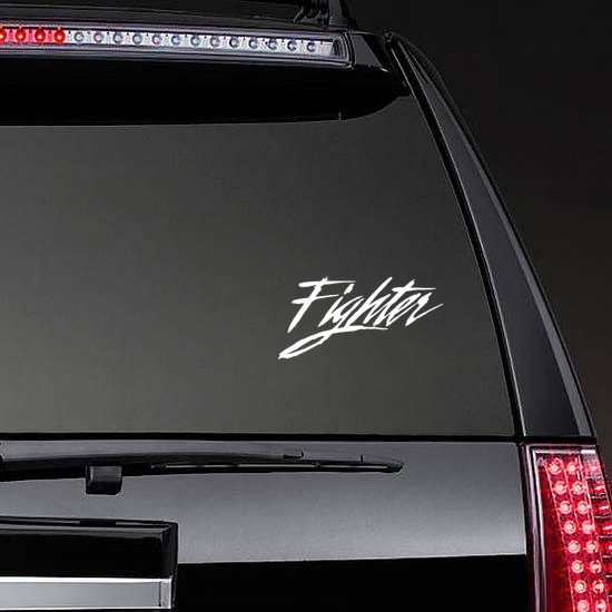 Fighter Vinyl Lettering Sticker on a Rear Car Window example