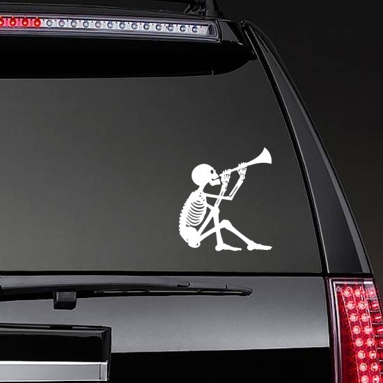 Skeleton With Trumpet Sticker on a Rear Car Window example