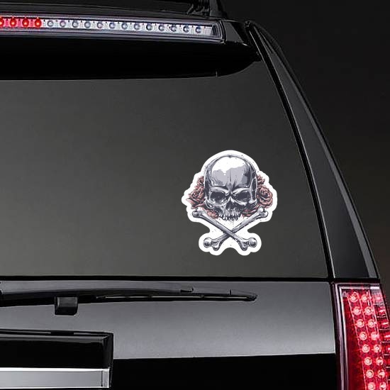 Skull Shattering with Roses Sticker on a Rear Car Window example