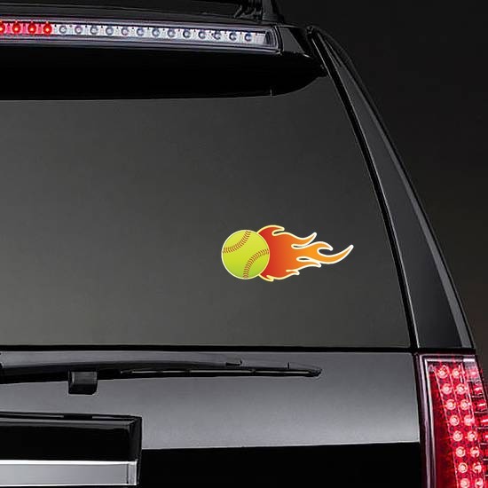 Softball On Fire Sticker on a Rear Car Window example