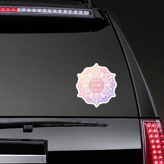 White Alpha Delta Pi Mandala Sticker on a Rear Car Window example