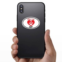 Handwritten I Love My Cat With Heart And Paw Oval Sticker on a Phone example