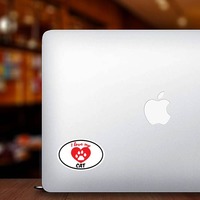 Handwritten I Love My Cat With Heart And Paw Oval Sticker on a Laptop example