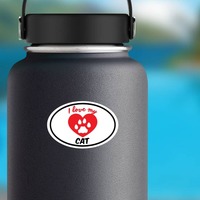 Handwritten I Love My Cat With Heart And Paw Oval Sticker on a Water Bottle example