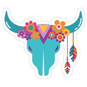 Blue Skull with Feathers and Flowers Hippie Sticker